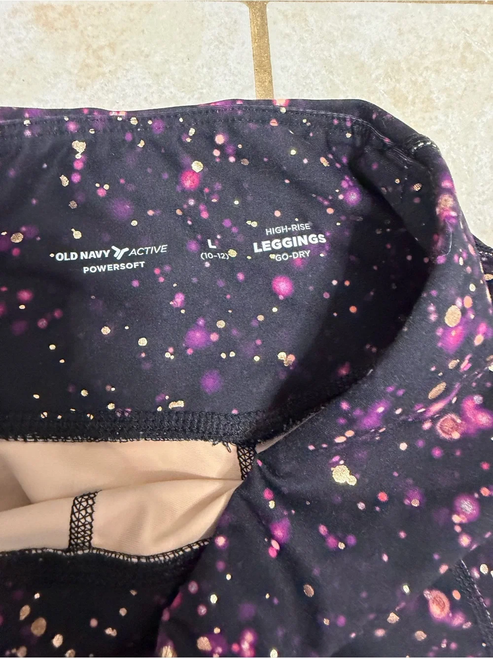 Old Navy Black Leggings with Purple & Gold Splatter Print